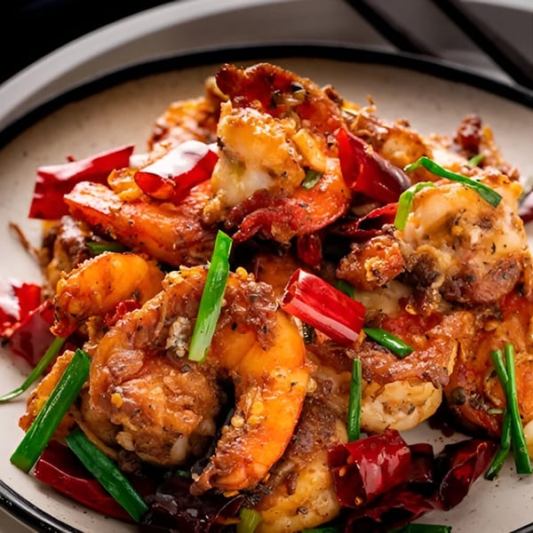 Close-up of spicy Indian shrimp dish with red chili peppers and green onions on a plate.