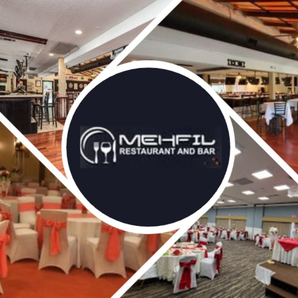 Collage of Mehfil Indian Restaurant & Bar's interior, including a bar, dining area, and event spaces.